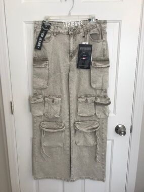 VIP New York City Collection Sculpture Stretch Utility Jeans 13/31 Tan Acid Wash